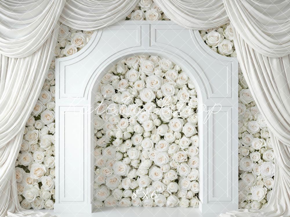 Kate White Flower Arch Draped Curtains Printed Backdrop Designed by Mini MakeBelieve