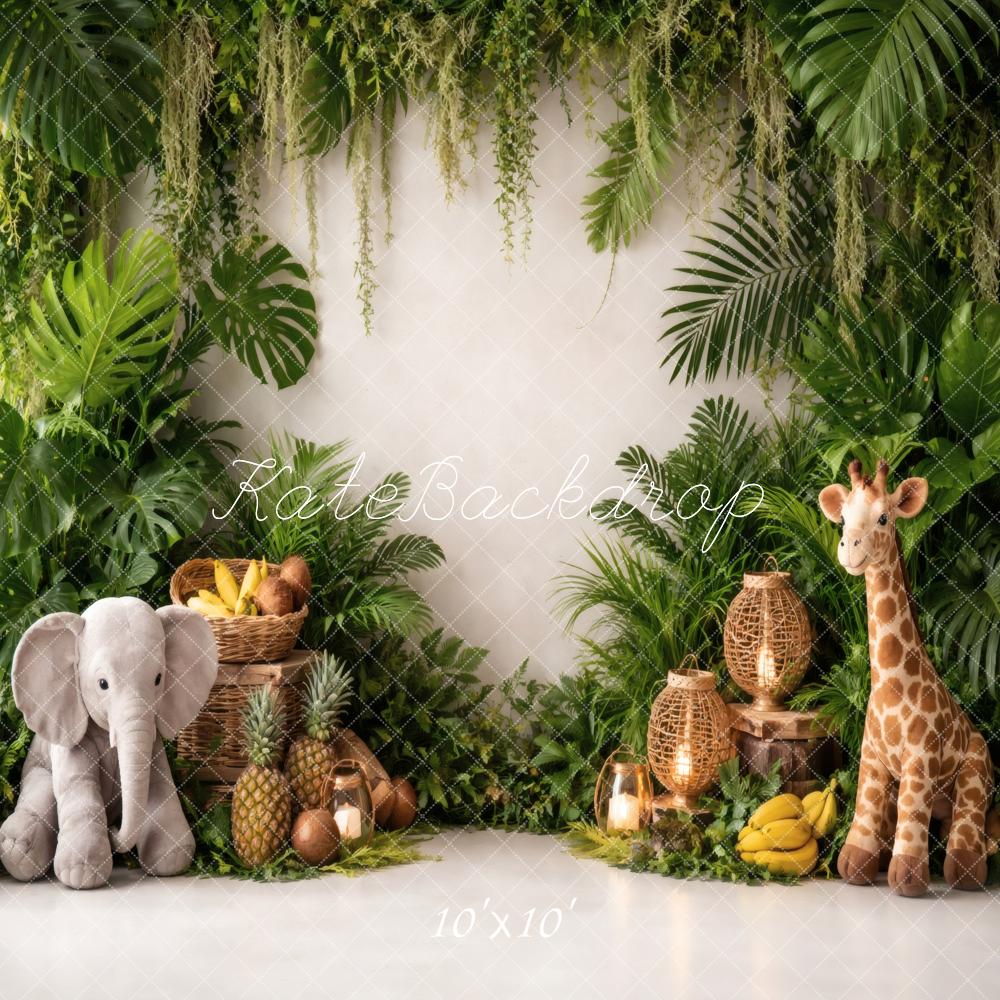 Kate Jungle Greenery Elephant Giraffe Plush Fruit Printed Backdrop Designed by Vertigo Productions