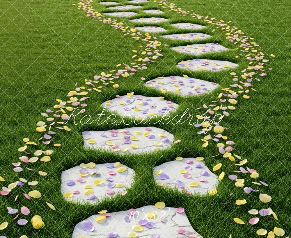 Kate Spring Stone Pathway On Grass With Flower Petals Floor Backdrop Designed by Patty Roberts
