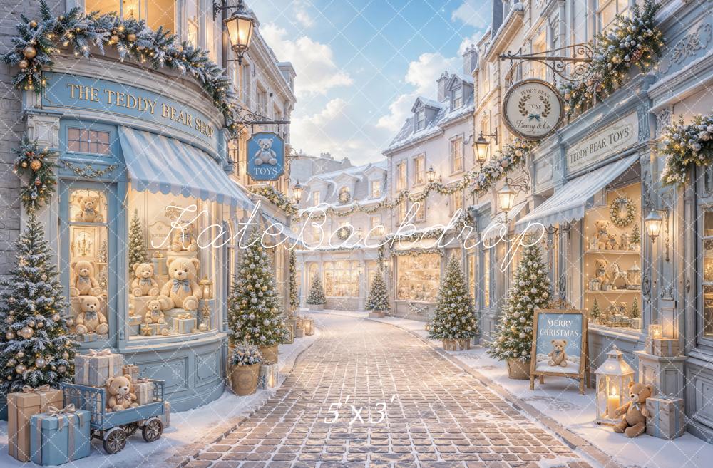 Kate Christmas Blue Teddy Bear Shop Snowy Village Street Printed Backdrop Designed by Emetselch