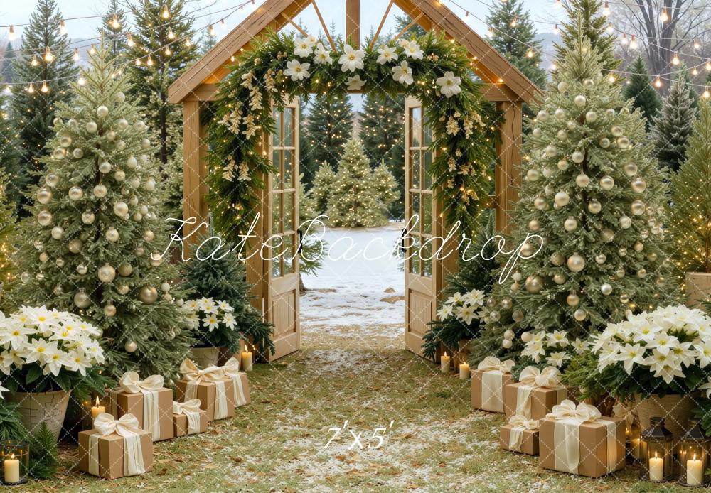 Kate Christmas Rustic Wood Arch Christmas Tree Presents Poinsettia Printed Backdrop Designed by Mini MakeBelieve