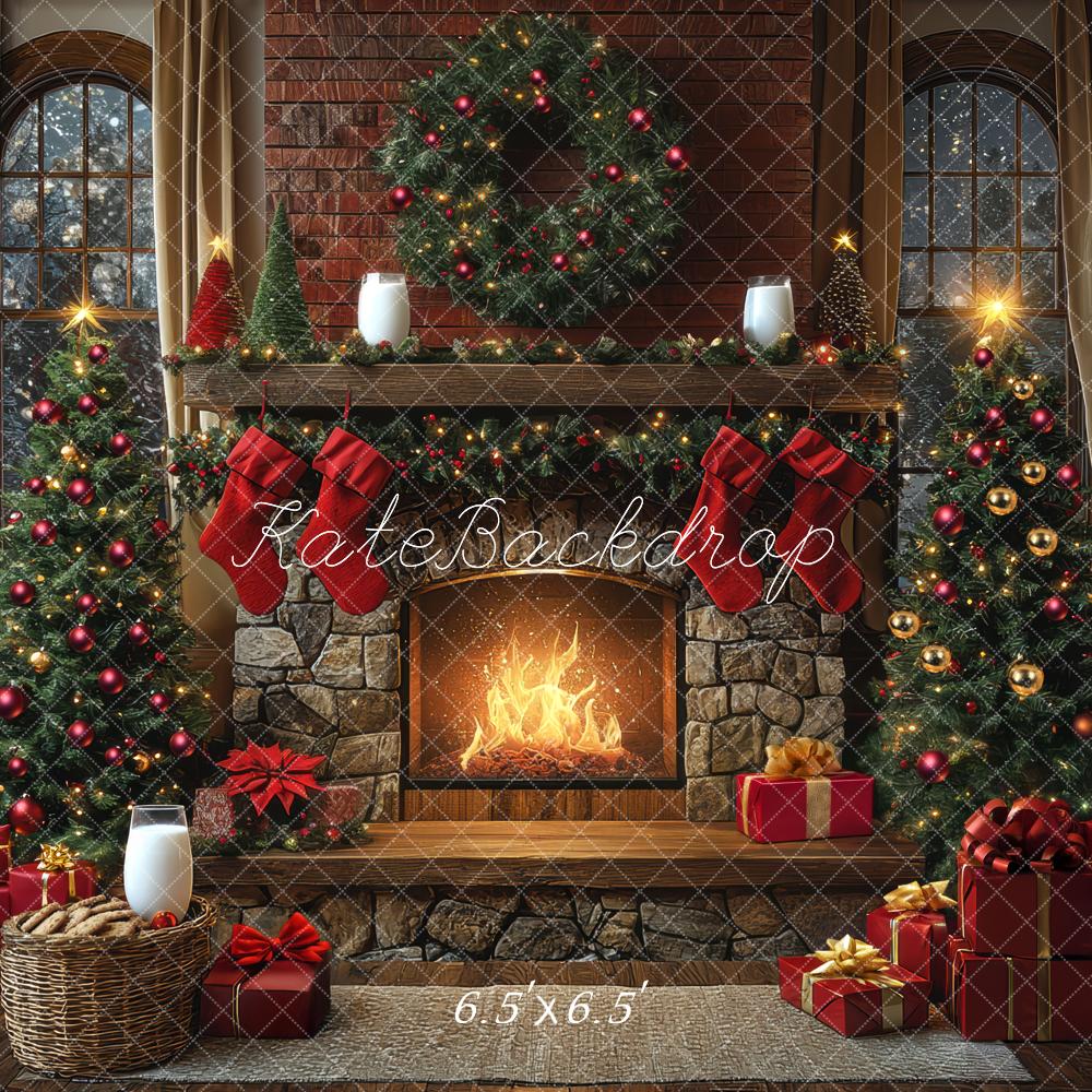 Kate Christmas Fireplace Stone Tree Gifts Backdrop Designed by Mini MakeBelieve
