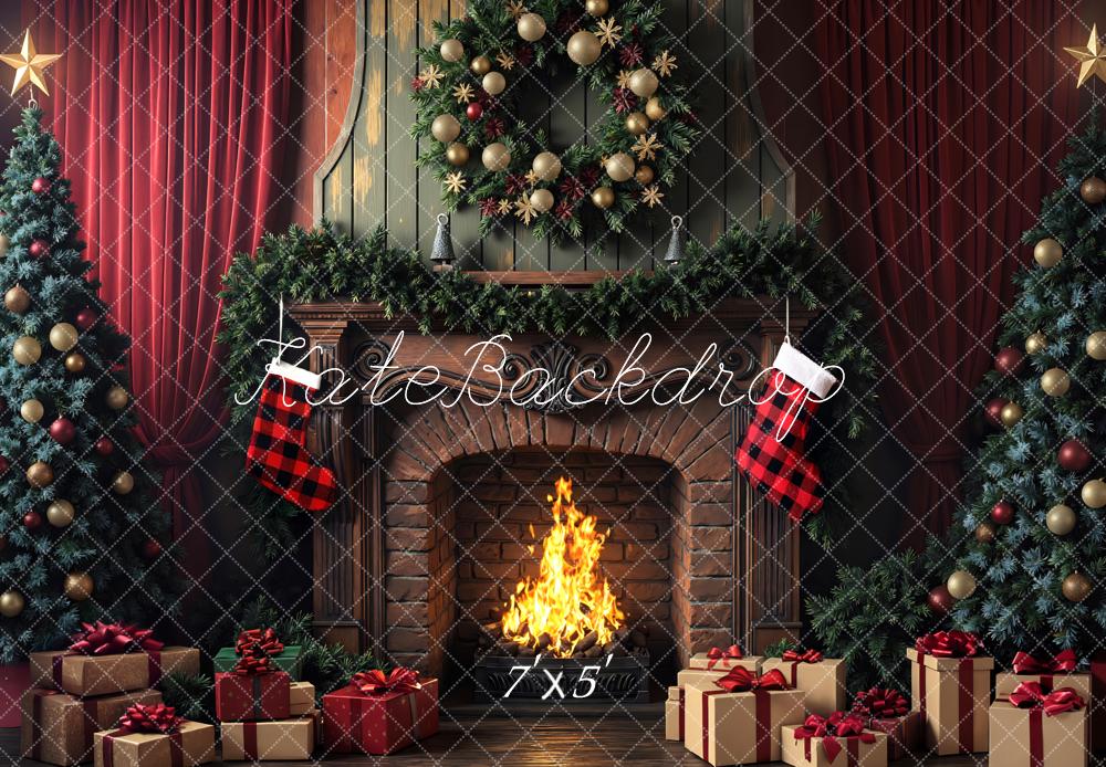 Kate Christmas Fireplace Wreath Tree Gifts Red Curtains Backdrop Designed by Mini MakeBelieve