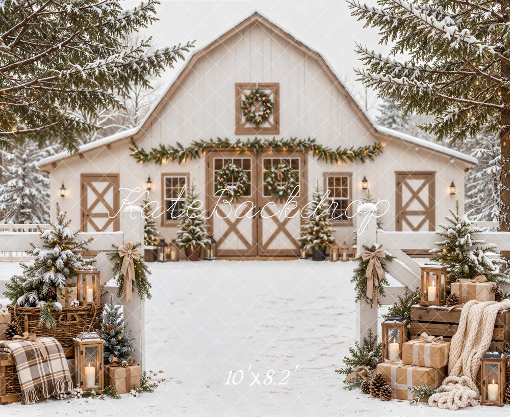 Kate Christmas Snowy White Barn Farmhouse Evergreen Gifts Plaid Printed Backdrop Designed by Emetselch