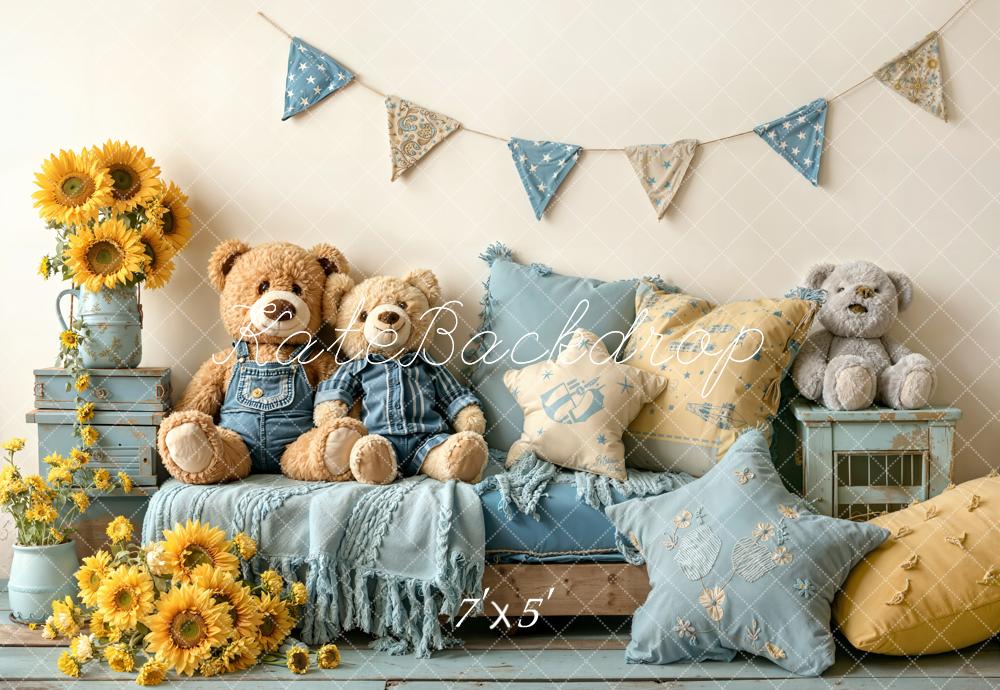 Kate Teddy Bears Sofa Sunflowers Blue Pillows Printed Backdrop Designed by Emetselch