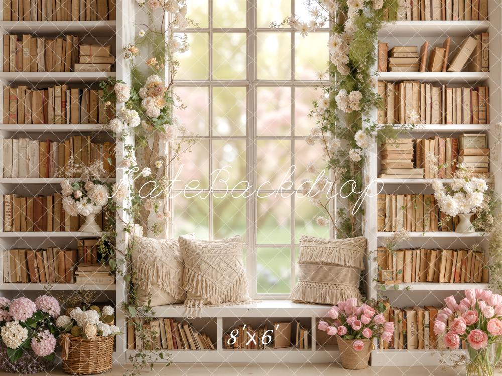 Kate Spring Bookshelf Window Seat Flowers Pillows Backdrop Designed by Emetselch