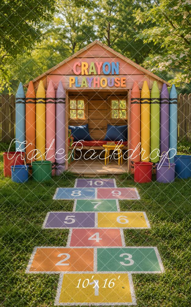 Kate Sweep School Kids Colorful Crayon Playhouse Hopscotch Printed Backdrop Designed by Emetselch