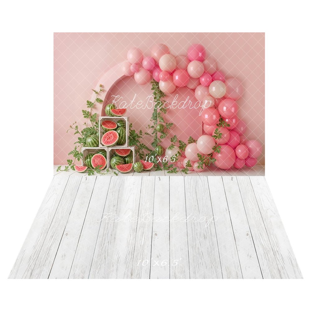Kate Cake Smash Pink Balloon Arch Watermelon Crate Greenery Backdrop+White Wooden Floor Backdrop