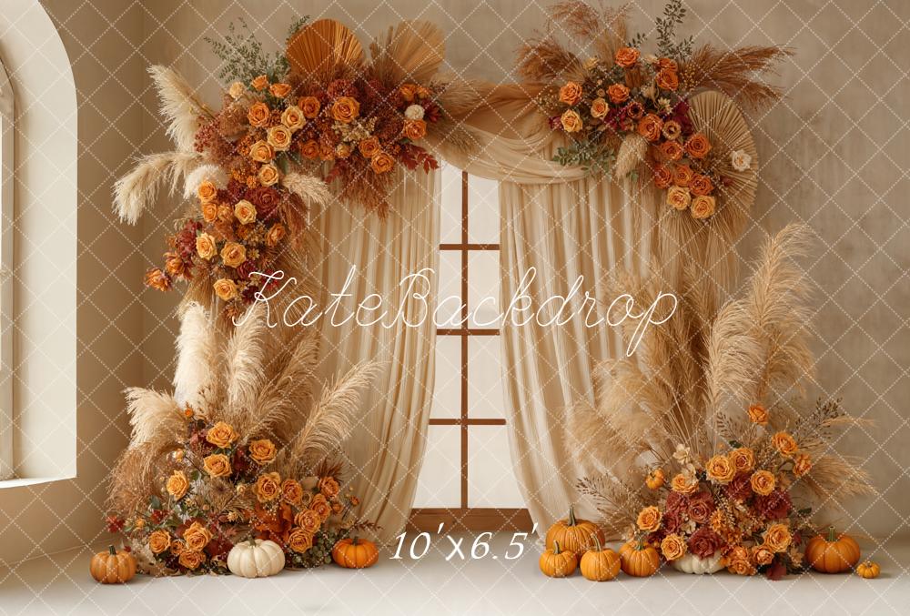Kate Fall Boho Flower Arch Pumpkins Window Curtains Backdrop Designed by Emetselch