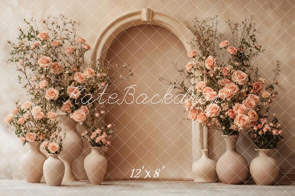 Kate Mother's Day Floral Arch Peach Roses Beige Backdrop Designed by Emetselch