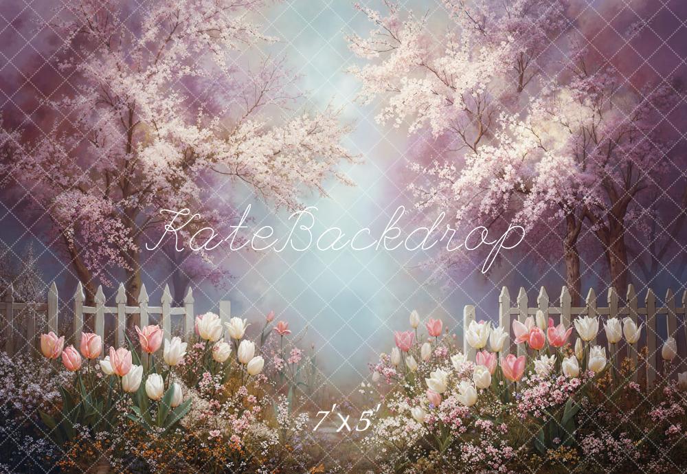 Kate Spring Cherry Blossom Trees Tulips White Picket Fence Backdrop Designed by Emetselch