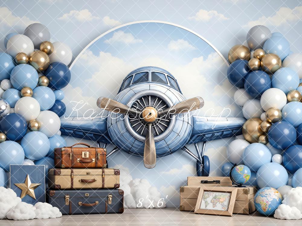 Kate Cake Smash Airplane Blue Balloons Clouds Suitcases Printed Backdrop Designed by Mini MakeBelieve