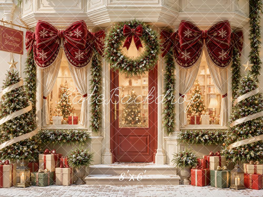 Kate Christmas Doorway Boutique Red Bow Garland Christmas Trees Printed Backdrop Designed by Emetselch