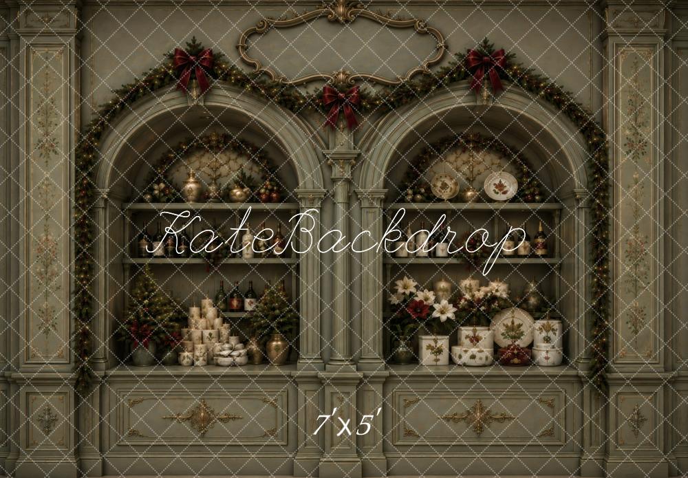 Kate Christmas Vintage Green Cabinet Garland Printed Backdrop Designed by Vertigo Productions