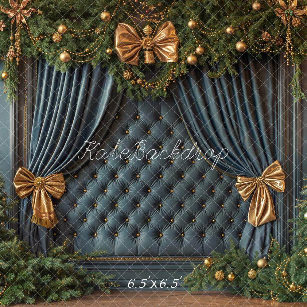 Kate Christmas Headboard Blue Tufted Wall Gold Bows Trees Backdrop Designed by Emetselch