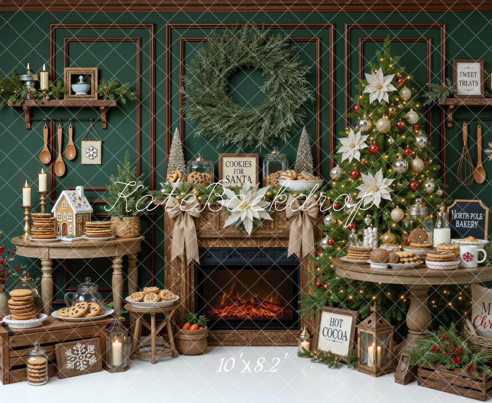 Kate Christmas Fireplace Tree Cookie Wreath Dessert Table Green Printed Backdrop Designed by Mini MakeBelieve