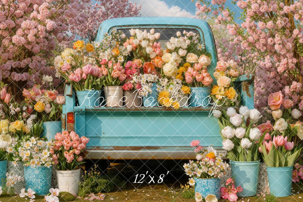 Kate Spring Blue Truck Floral Pink Blossoms Garden Backdrop Designed by Emetselch