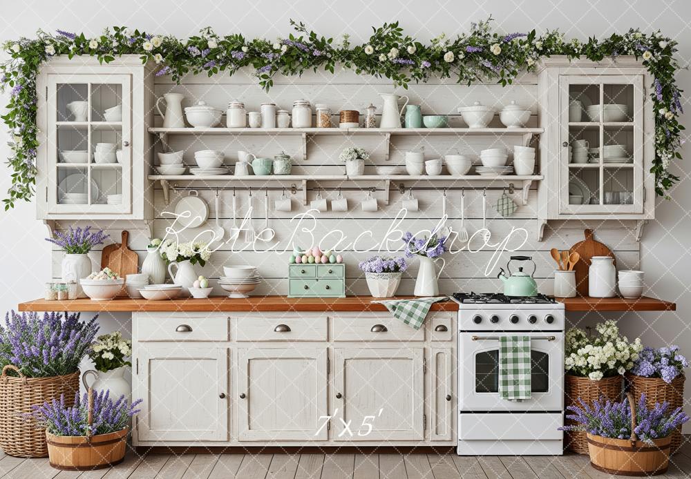 Kate Vintage Kitchen Cabinets Lavender Flowers Backdrop Designed by Patty Roberts