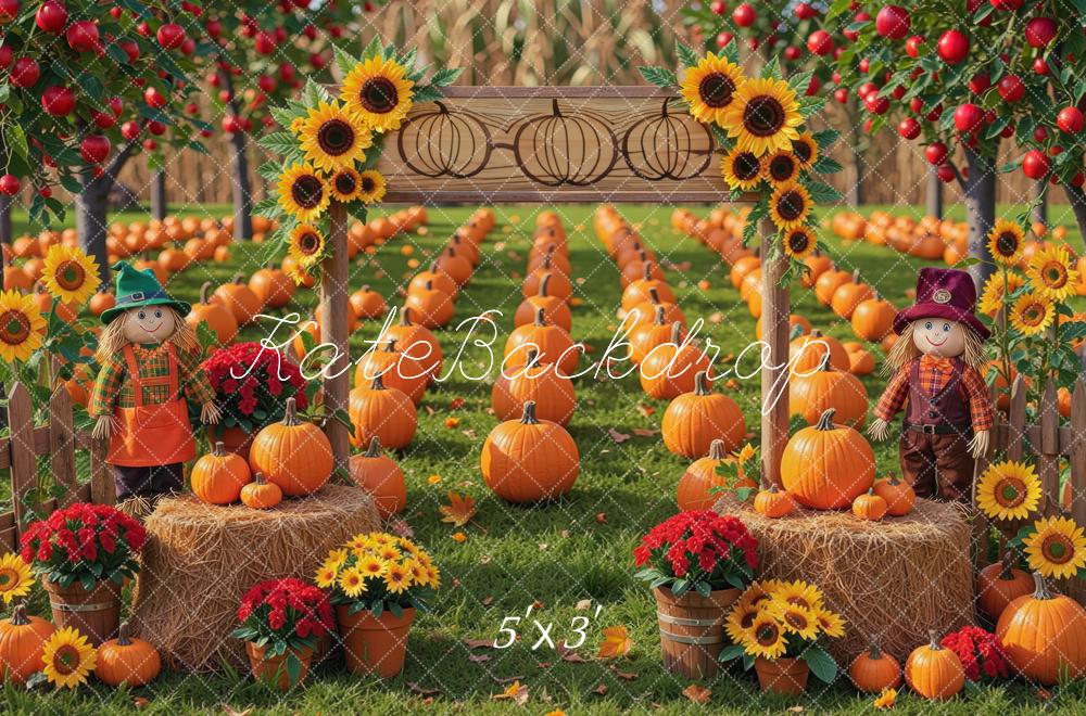 Kate Fall Pumpkin Field Sunflowers Scarecrows Hay Bales Printed Backdrop Designed by Mini MakeBelieve