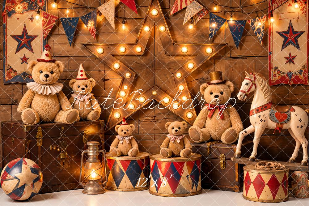 Kate Circus Teddy Bears Rocking Horse Carousel Wood Printed Backdrop Designed by Emetselch