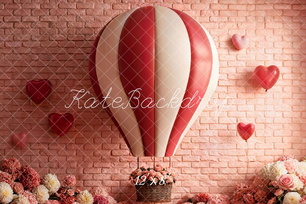 Kate Valentine's Day Hot Air Balloon Pink Brick Wall Flowers Backdrop Designed by Emetselch