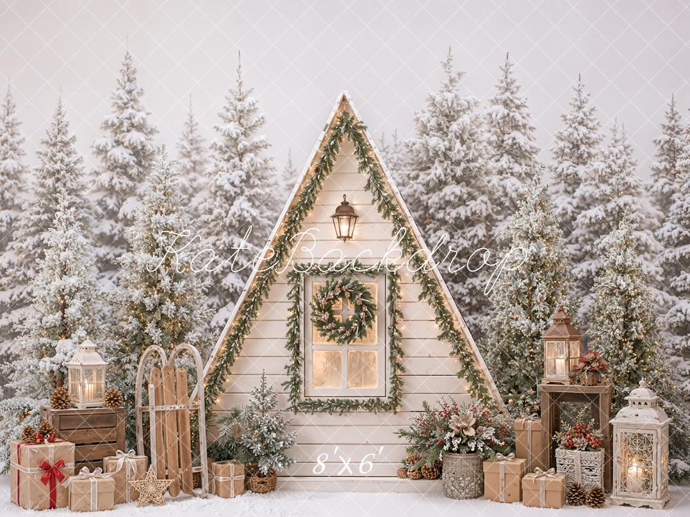 Kate Christmas Rustic Cabin Snowy Trees Lanterns Gifts Printed Backdrop Designed by Emetselch