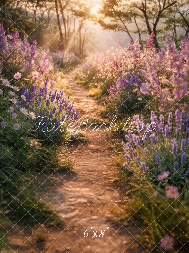 Kate Summer Sunlit Forest Path Lavender Floral Printed Backdrop Designed by Emetselch
