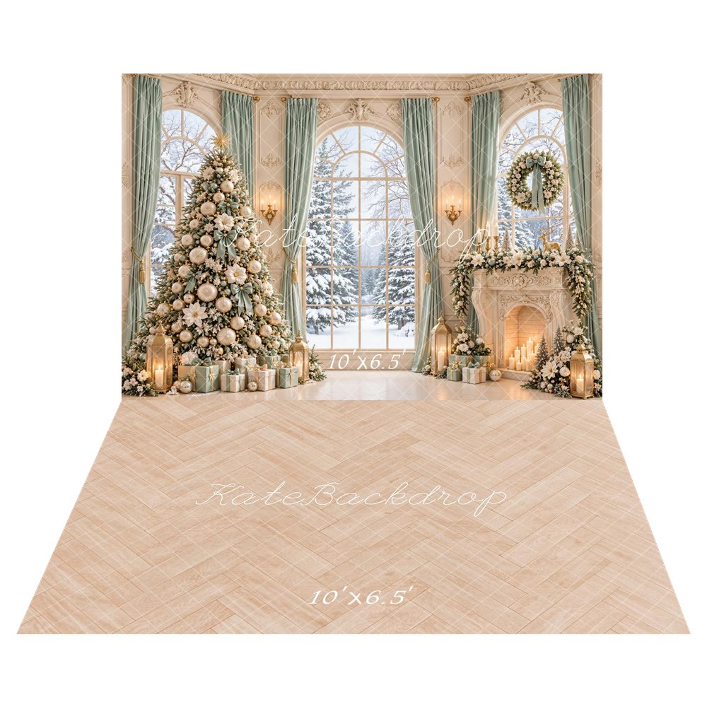 Kate Christmas Tree Fireplace Wreath Snowy Window Printed Backdrop+Beige Herringbone Wood Texture Printed Backdrop