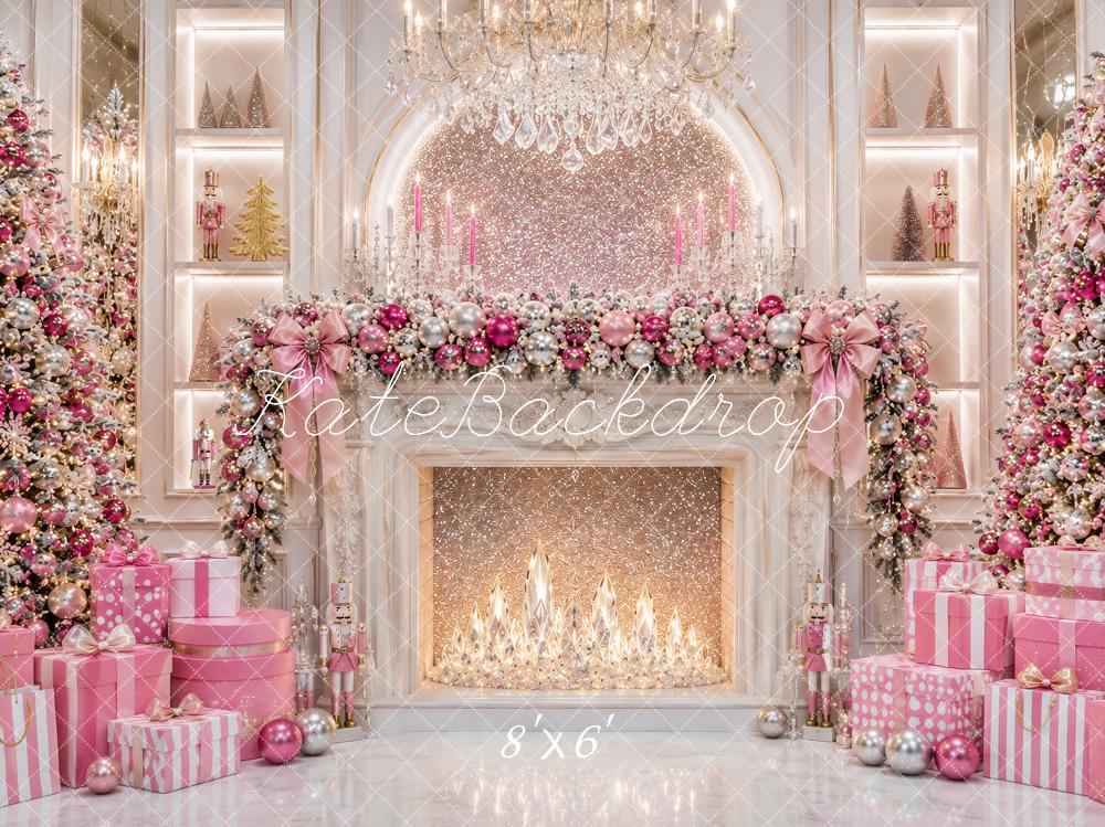 Kate Christmas Luxury Pink Fireplace Chandelier Trees Presents Printed Backdrop Designed by Ashley Paul