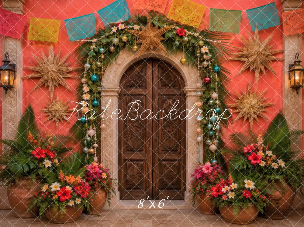 Kate Mexican Christmas Red Arched Door Garland Stars Printed Backdrop Designed by Vertigo Productions