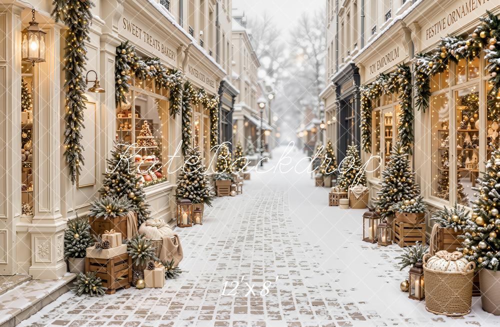 Kate Christmas Shop Snowy Street Garlands Presents Printed Backdrop Designed by Emetselch