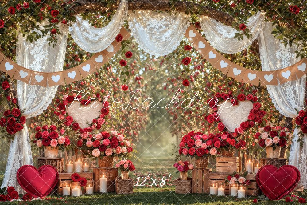 Kate Valentine's Day Rose Garden Hearts Lace Drapes Printed Backdrop Designed by Mini MakeBelieve