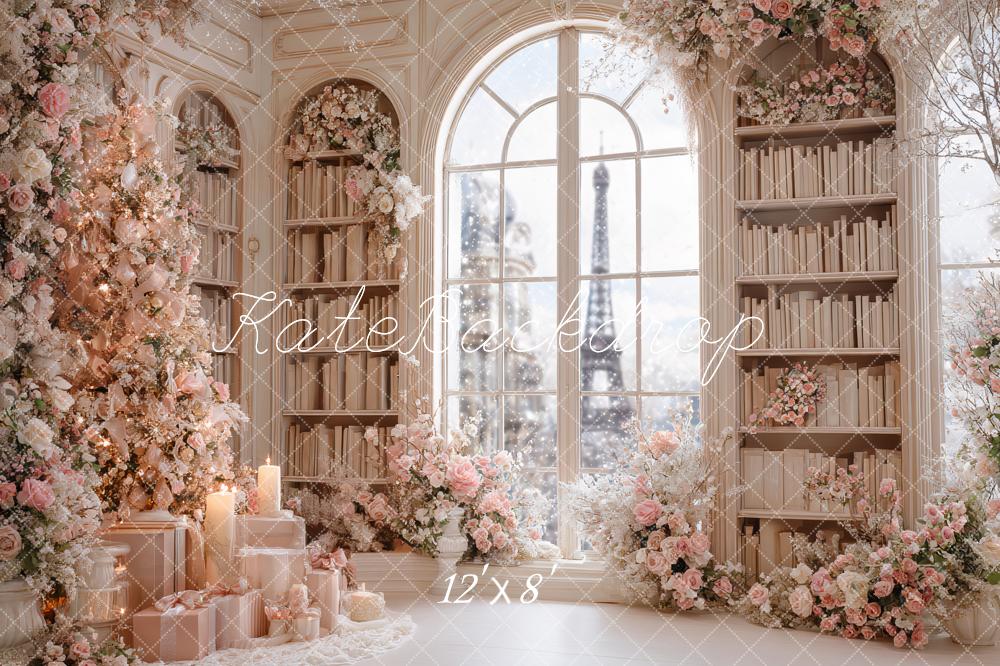 Kate Christmas Pink Floral Bookshelves Window Eiffel Tower Backdrop Designed by Ashley Paul