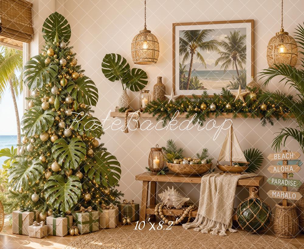 Kate Christmas Tree Tropical Beach Fireplace Printed Backdrop Designed by Shutter Swan Studios