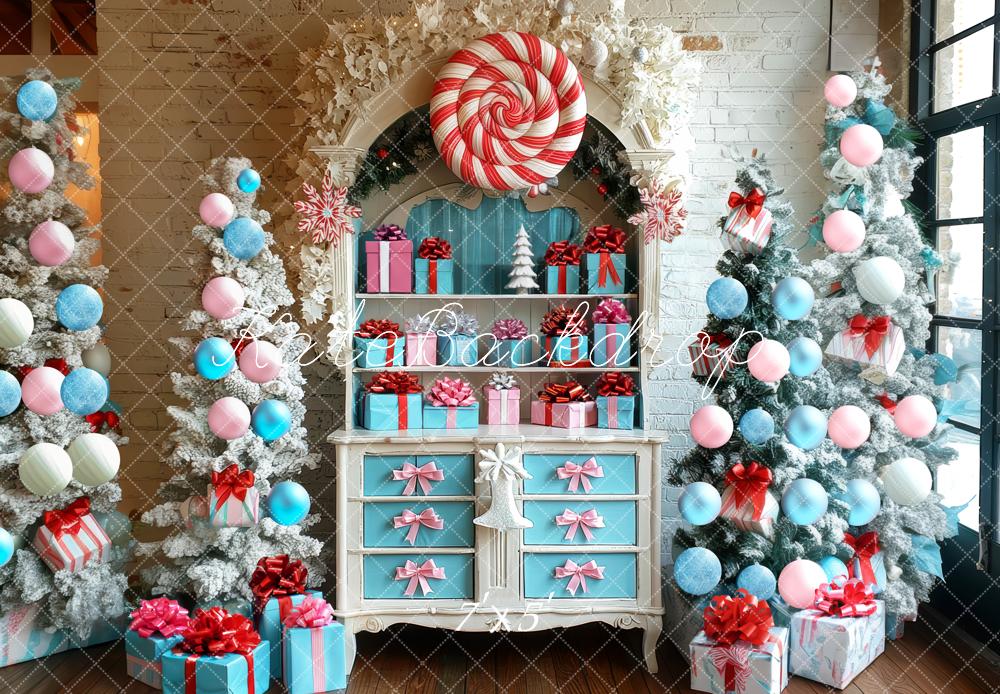 Kate Christmas Candy Shelf Pastel Trees Gifts Backdrop Designed by Mini MakeBelieve