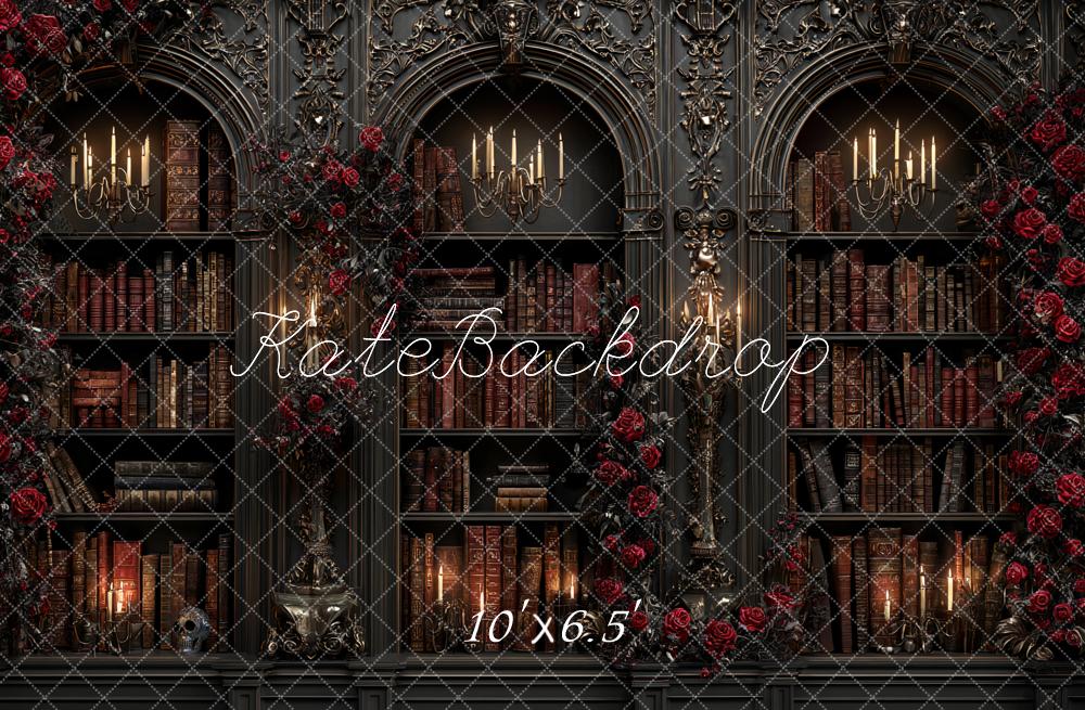 Kate Halloween Gothic Bookshelves Red Roses Candles Backdrop Designed by Ashley Paul