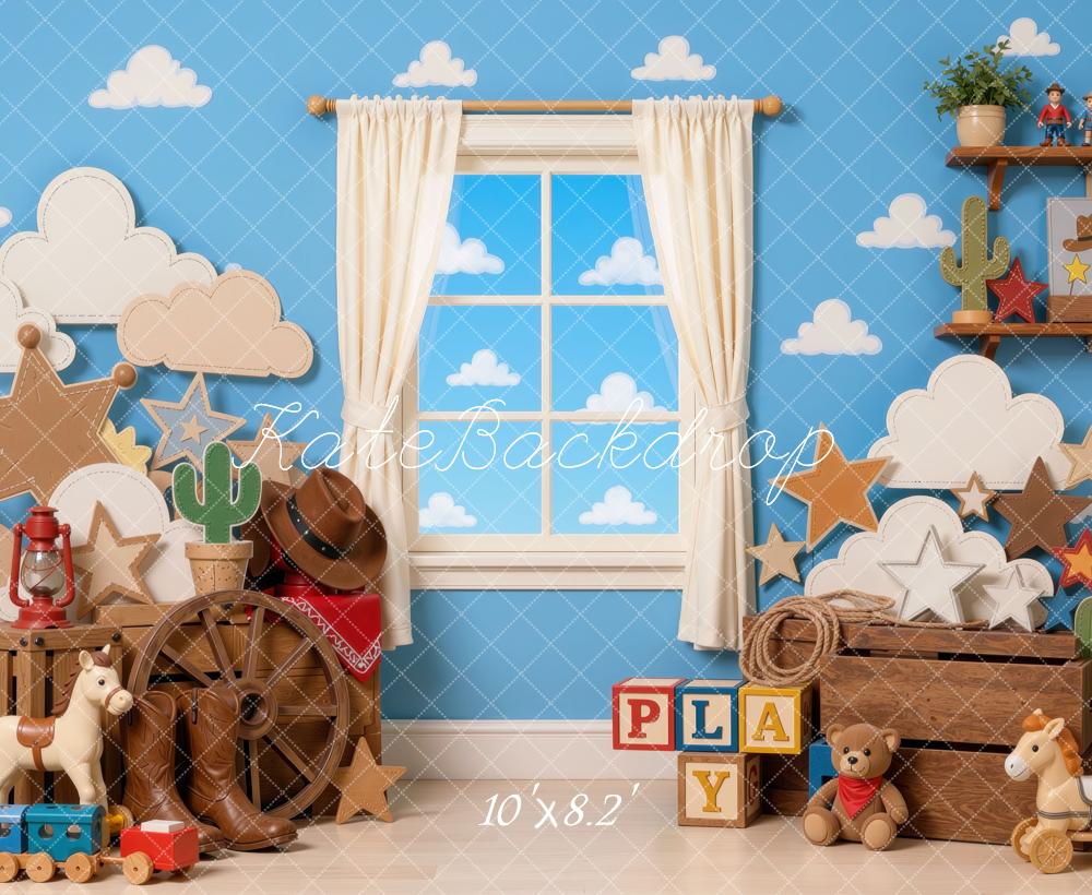 Kate Birthday Cowboy Western Clouds Cactus Stars Toys Printed Backdrop Designed by Mini MakeBelieve