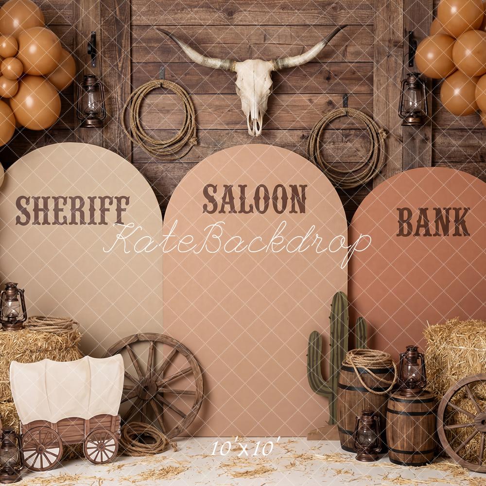 Kate Cake Smash Western Saloon Sheriff Bank Wagon Balloons Printed Backdrop Designed by Patty Roberts