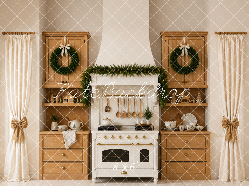 Kate Christmas Kitchen Garland Wreath Wood Cabinets Curtains Printed Backdrop Designed by Emetselch