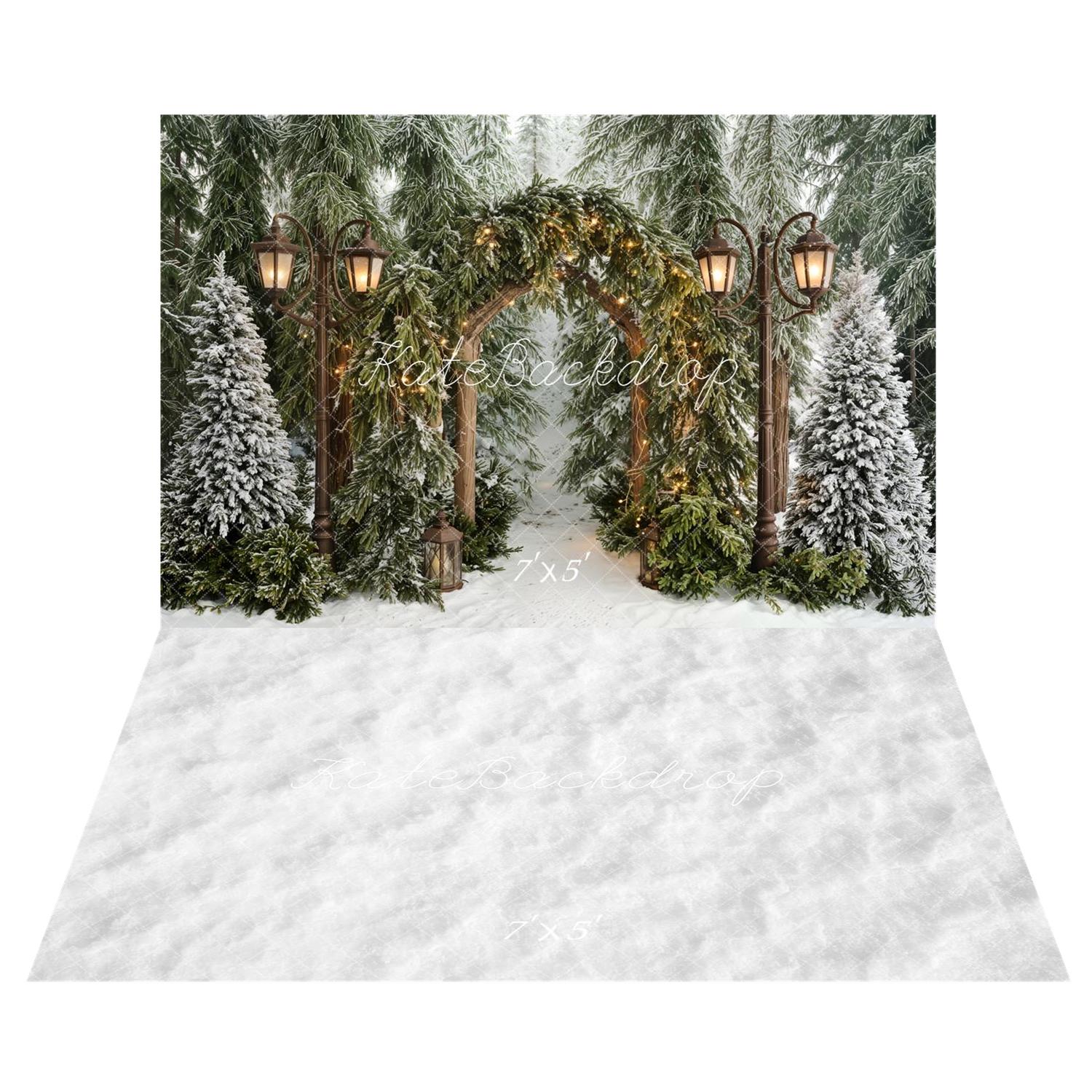 Kate Winter Arch Snowy Pine Trees Lanterns Backdrop+White Snow Abstract Texture Backdrop