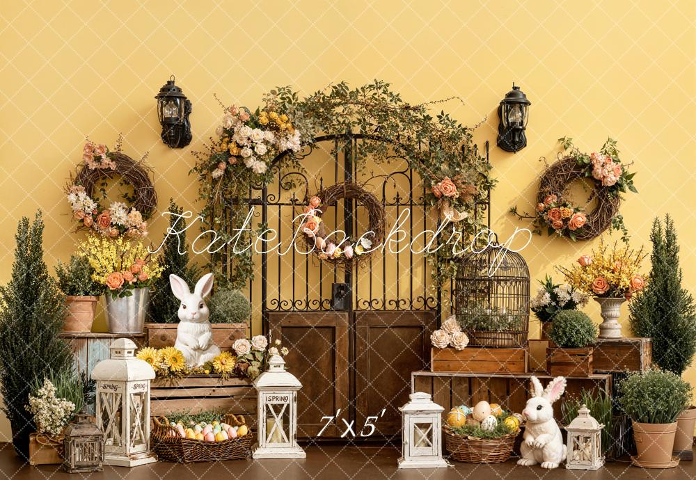 Kate Easter Bunny Floral Wreaths Garden Gate Yellow Wall Backdrop Designed by Emetselch