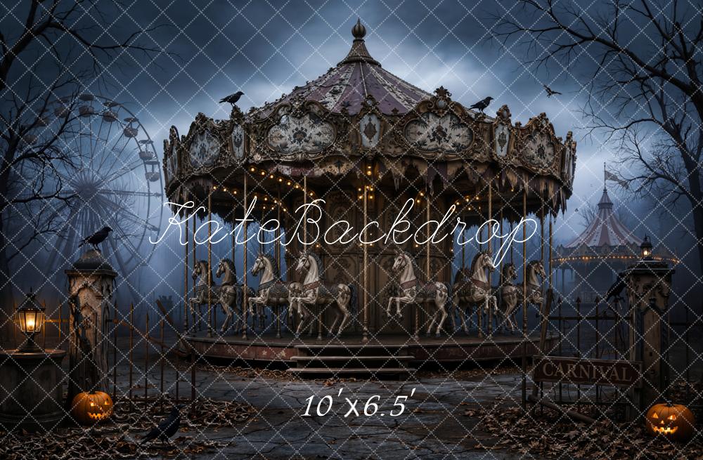 Kate Halloween Night Haunted Carousel Pumpkins Printed Backdrop Designed by Chain Photography
