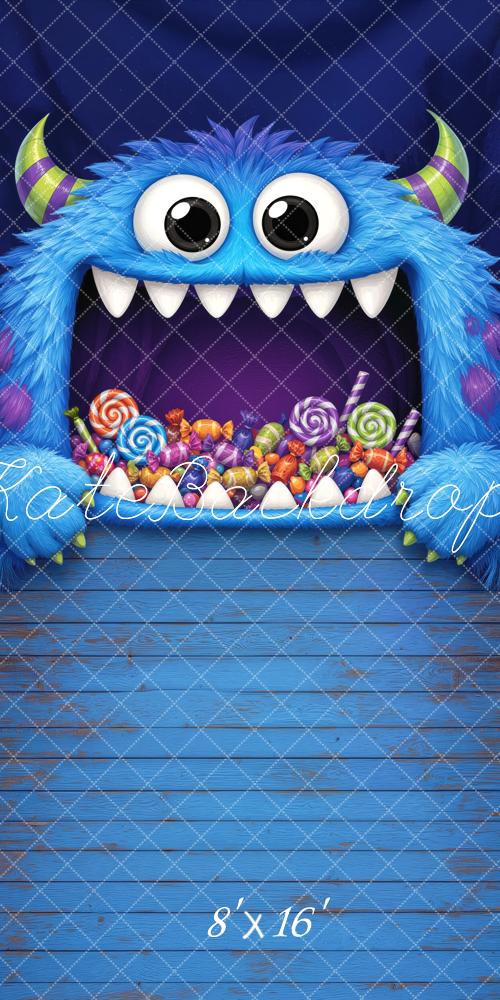 Kate Halloween Trunk or Treat Blue Furry Monster Candy Printed Backdrop Designed by Mini MakeBelieve