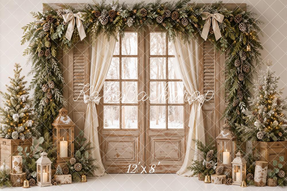 Kate Christmas Rustic Window Door Pine Garland Lantern Trees Printed Backdrop Designed by Emetselch