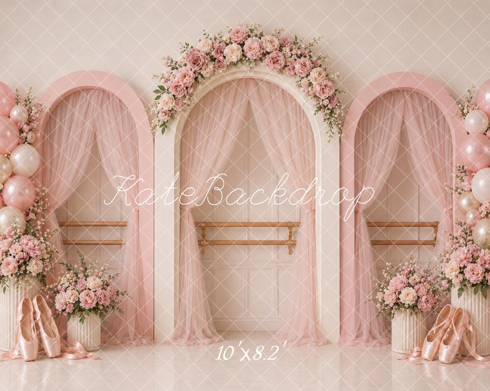 Kate Birthday Pink Ballet Studio Flower Arch Balloons Printed Backdrop Designed by Caitlin Lynch