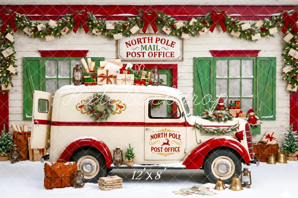 Kate Christmas North Pole Post Office White Truck Gifts Green Red Printed Backdrop Designed by Patty Roberts