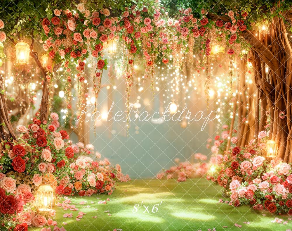 Kate Valentines Romantic Flower Arch Trees Fairy Lights Printed Backdrop Designed by Emetselch