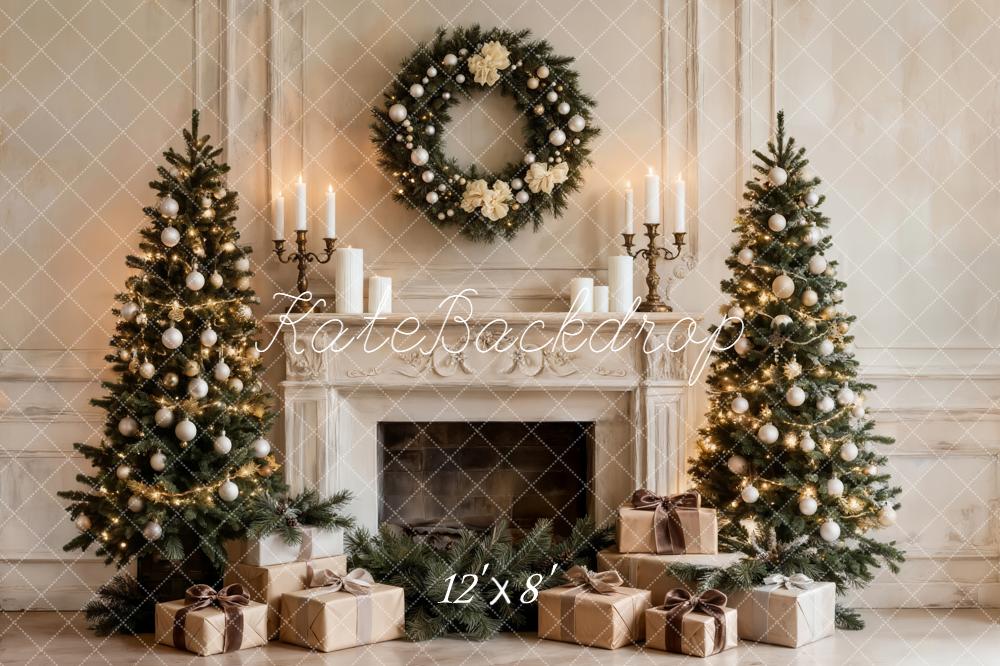 Kate Christmas Trees Fireplace Wreath Gifts White Backdrop Designed by Emetselch
