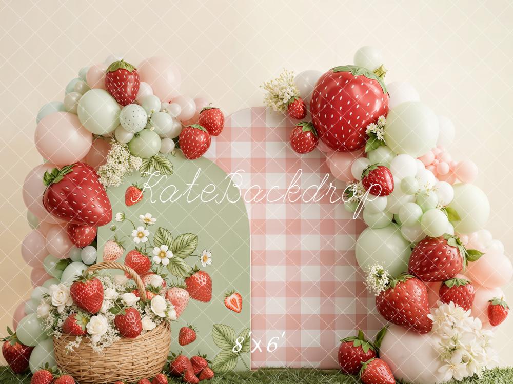 Kate Cake Smash Strawberry Balloon Arch Gingham Basket Flowers Backdrop Designed by Emetselch