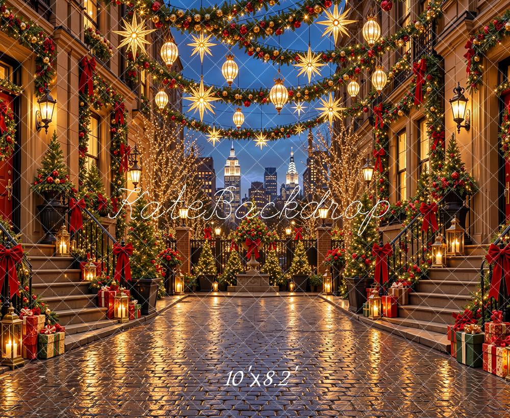 Kate Christmas Urban City Street Buildings Red Bows Garlands Lights Printed Backdrop Designed by Shutter Swan Studios
